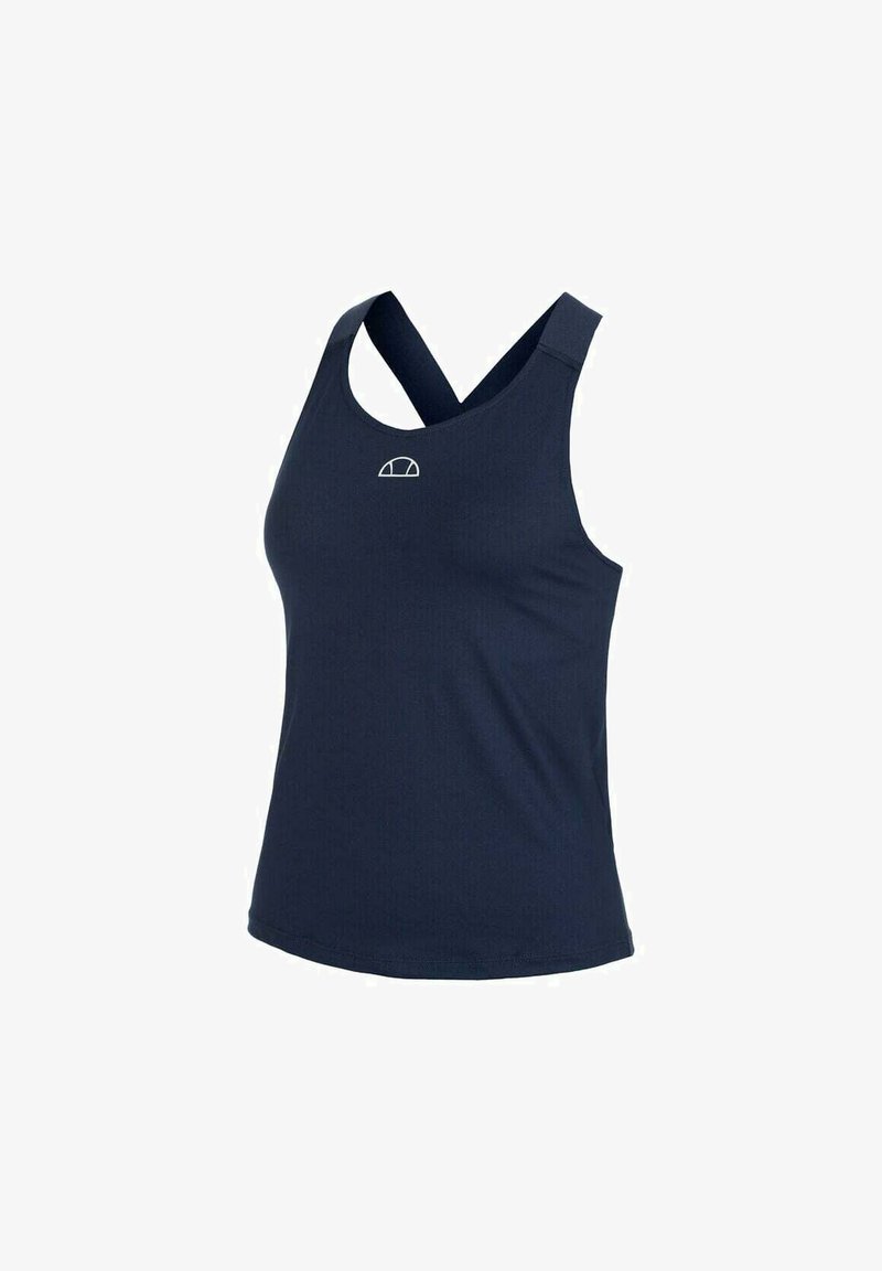 Marineblauw tanktop van ademend materiaal, met een ronde hals en kruisbanden op de rug. Logo op de borst. Gladde textuur.