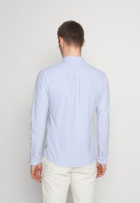 Hellblau-weiß gestreifte Bluse, aus Baumwollmaterial, mit langen Ärmeln, Knopfmanschetten, Rückenpasse, leicht abgerundetem Saum.