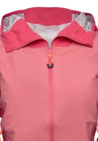 Giacca da esterno rosa con colletto alto, zip frontale e accenti arancioni a contrasto. Tessuto testurizzato con un design leggero e traspirante.