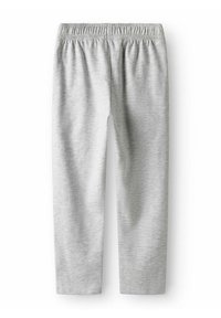 Lichtgrijze, elastische broek met een gladde textuur. Recht model zonder zakken, gekenmerkt door een subtiele gemêleerde patroon.