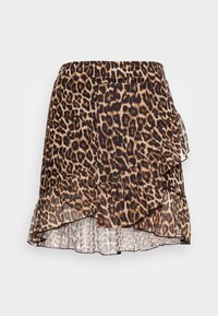 Mini-jupe à motif léopard avec ourlet volanté, superposition transparente, taille élastique et palette de couleurs marron vif et noir.