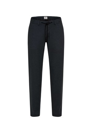 Donkergrijze casual broek met voorzakken en een zwarte taillekoordsluiting, getoond op een witte achtergrond.