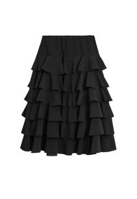 Jupe noire à volants avec plusieurs couches, présentant un design évasé et une taille élastique. Fabriquée en tissu léger avec une finition texturée.