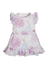 Biała sukienka z pastelowym kwiatowym wzorem w odcieniach różu i jasnoniebieskiego. Rękawy i dół ze falbanami, z zapięciem na plecach oraz subtelnym detalem z logotypem.