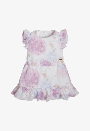 Biała sukienka z pastelowym kwiatowym wzorem w odcieniach różu i jasnoniebieskiego. Rękawy i dół ze falbanami, z zapięciem na plecach oraz subtelnym detalem z logotypem.