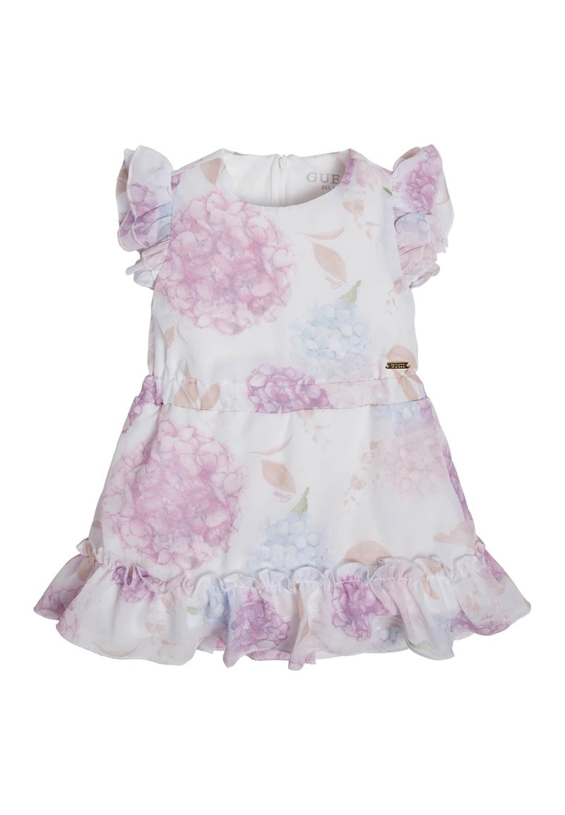 Biała sukienka z pastelowym kwiatowym wzorem w odcieniach różu i jasnoniebieskiego. Rękawy i dół ze falbanami, z zapięciem na plecach oraz subtelnym detalem z logotypem.