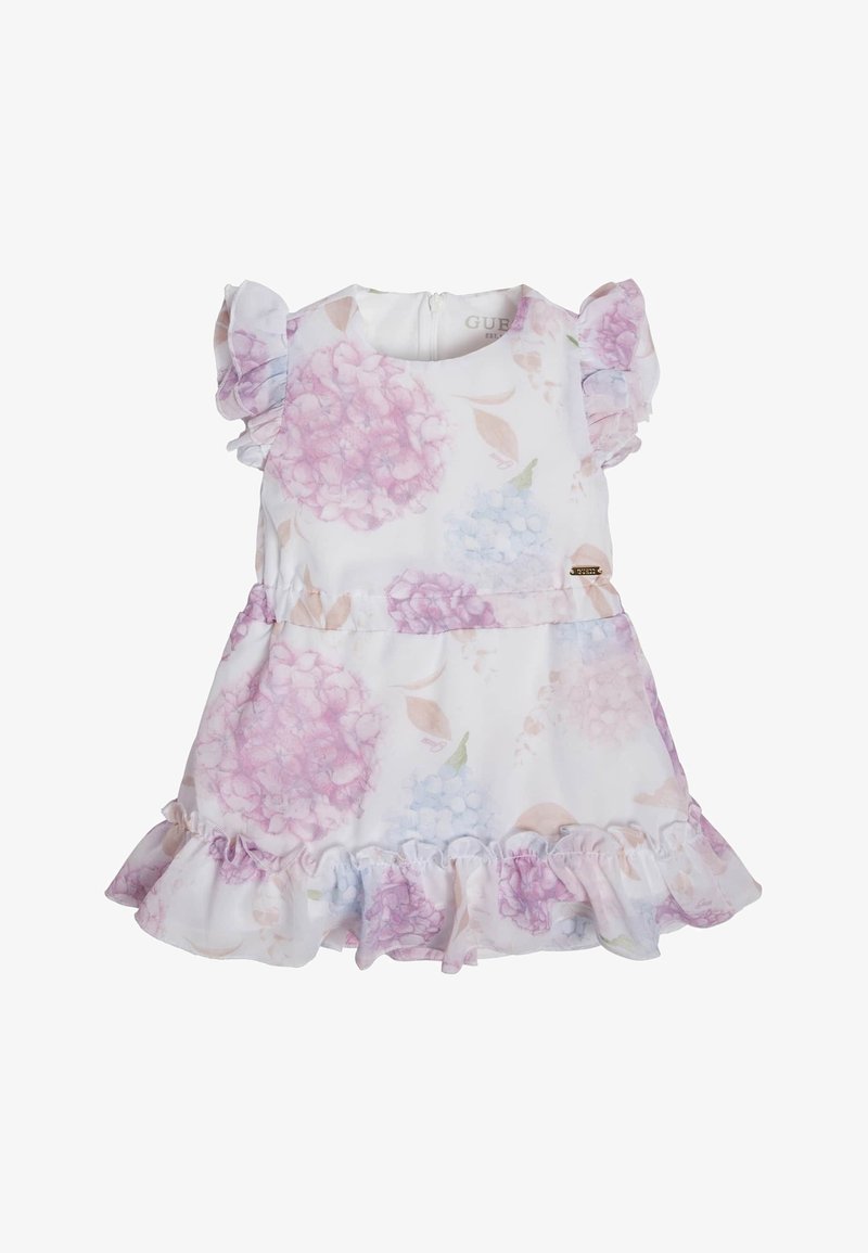 Biała sukienka z pastelowym kwiatowym wzorem w odcieniach różu i jasnoniebieskiego. Rękawy i dół ze falbanami, z zapięciem na plecach oraz subtelnym detalem z logotypem.