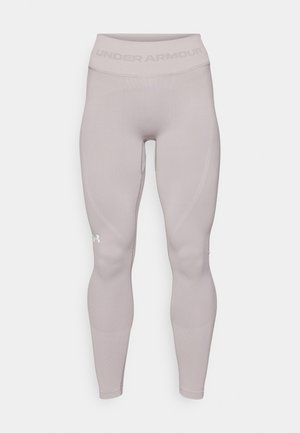 Light gray leggings with a fitted design, made of smooth material. Features a wide waistband with "Under Armour" text and subtle stitching details.