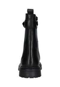 Bottines en cuir noir avec une finition lisse, bout arrondi, fermeture éclair sur le côté et semelle en caoutchouc texturée contrastante. Présente une petite boucle à l'arrière.