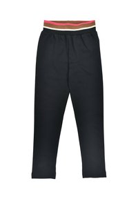 Black elasticated pants with a multi-colored striped waistband featuring pink, brown, and cream. Smooth texture, straight leg design.