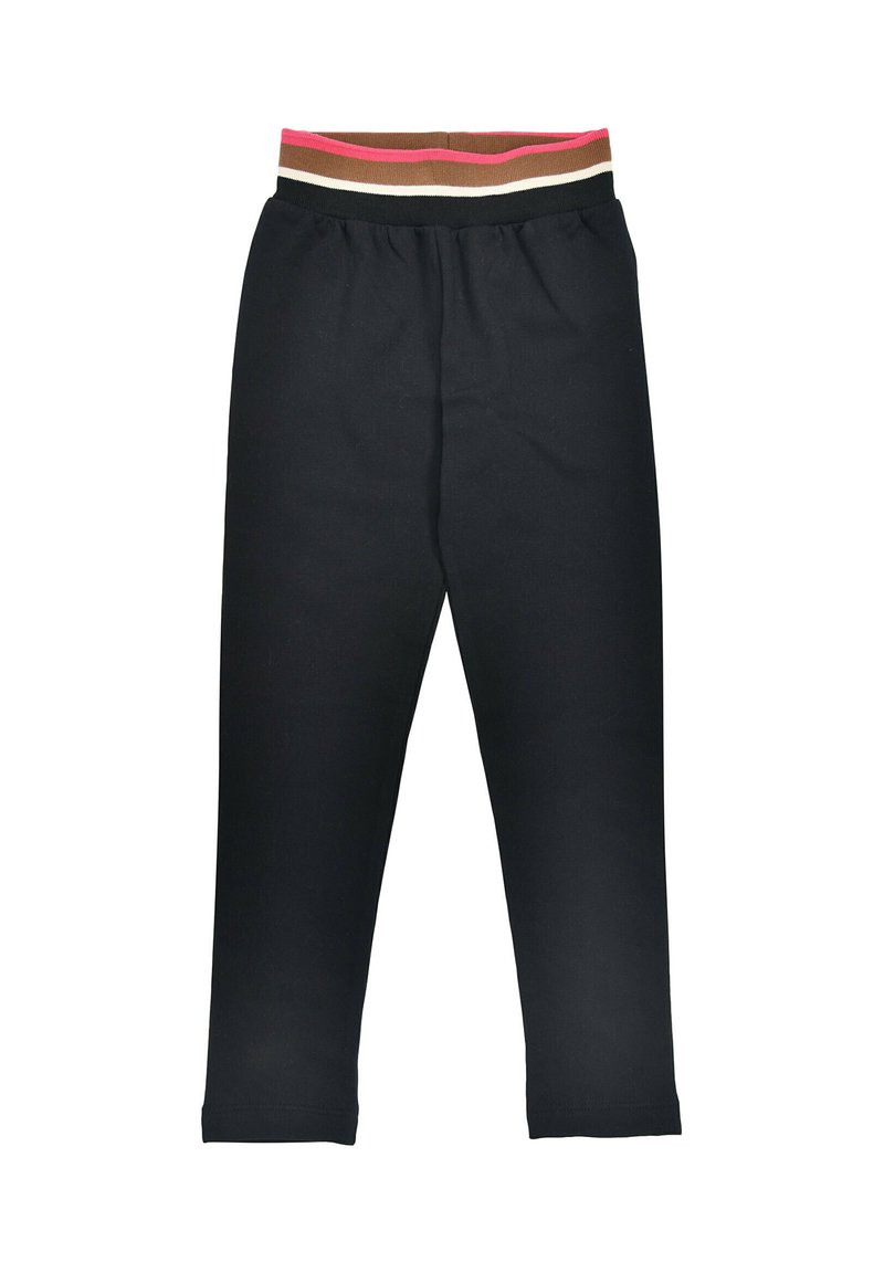 Black elasticated pants with a multi-colored striped waistband featuring pink, brown, and cream. Smooth texture, straight leg design.