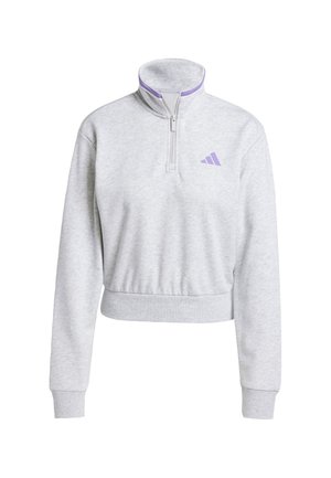 Sudadera pullover gris claro con cuello de media cremallera, puños acanalados y dobladillo ajustado. Presenta un pequeño logo de Adidas en púrpura en el pecho.