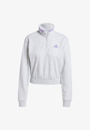 Sudadera pullover gris claro con cuello de media cremallera, puños acanalados y dobladillo ajustado. Presenta un pequeño logo de Adidas en púrpura en el pecho.