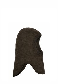 Bruine wollen bivakmuts met een gladde textuur, afgeronde vorm en openingen voor het gezicht en de nek. Afgewerkt met een geribbelde rand.