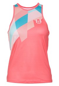 Débardeur corail avec un motif géométrique en nuances de rose et de bleu, fabriqué dans un tissu léger et extensible. Caractéristiques : encolure ronde et logo.