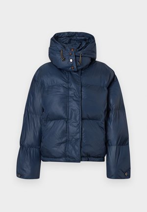 Navyblaue Daunenjacke mit Kapuze, mit einem gesteppten Textil, Druckknöpfen und verstellbaren Kordeln um den Hals.