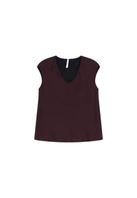 Top a maniche corte in un profondo bordeaux con scollo a V. Presenta una texture liscia e una vestibilità comoda. Silhouette semplice e pulita.