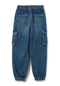 Denim cargobroek met een elastische tailleband, vijf zakken, taps toelopende boorden en een vervaagde blauwe kleur. Inclusief twee grote zijzakken.