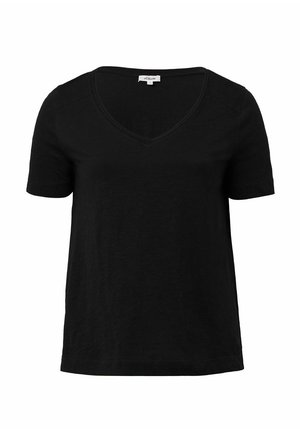 Schwarzes kurzärmliges T-Shirt mit V-Ausschnitt, weichem Stoff, bequemem Schnitt und minimalen Nähdetails.