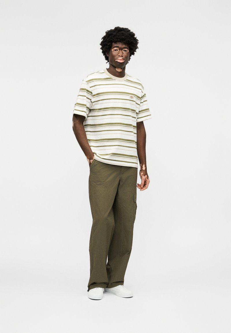 Junger Mann mit Vitiligo, der ein weiß-grün gestreiftes T-Shirt, olivgrüne Cargohosen und weiße Turnschuhe trägt und vor einem schlichten weißen Hintergrund steht.