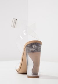 Chaussure à talon haut avec talon épais transparent et bride de cheville transparente avec boucle métallique, doublure beige, sur fond blanc.