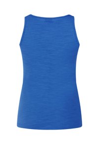 Blaues ärmelloses Oberteil mit glatter Textur und rundem Halsausschnitt. Verfügt über ein dezentes meliertes Muster und ein Logo auf der Rückseite.