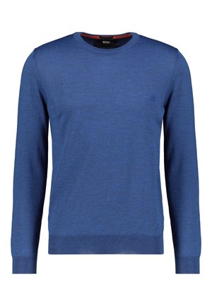 Blauwe heren trui met lange mouwen en ronde hals, met geribbelde boorden en zoom, klein geperst BOSS-logo op de linkerborst.