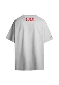 Graues Baumwoll-T-Shirt mit einem großen roten gestickten "RedBull Racing"-Logo auf dem Rücken, kurzen Ärmeln und einem lockeren Schnitt.