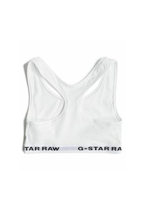 Soutien-gorge de sport blanc avec un dos en scoop, présentant une bande élastique noire et grise avec le texte "G-STAR RAW". Tissu en coton doux et extensible.