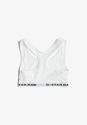 Suută albă sport cu spate adânc, având o bandă elastică neagră și gri cu textul "G-STAR RAW". Material din bumbac moale și elastic.