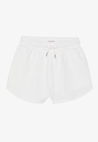 Shorts de sport blancs en tissu doux, avec une taille élastique dotée d'un cordon de serrage et d'aglets en métal argenté.