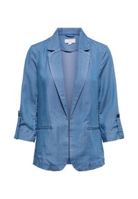 Veste blazer bleu clair à ouverture frontale, manches trois-quarts retroussées avec pattes à boutons, col à revers cranté et poches passepoilées à l’avant.