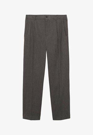 Szare, dopasowane spodnie wykonane z teksturowanej tkaniny. Posiadają zapięcie na guzik, dwie kieszenie z przodu oraz prostą nogawkę.