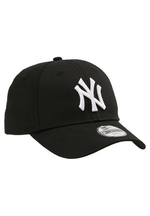 Casquette de baseball noire en tissu mélangé de coton, avec un logo brodé blanc des New York Yankees sur le devant et une visière courbée.