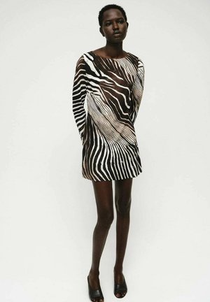 Zebra-gemist kleed met een losse pasvorm, lange mouwen en een asymmetrische halslijn. Gemaakt van een lichte, doorschijnende stof in bruin en crèmekleuren.