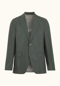 Jednorzędowa ciemnoszara marynarka z dwoma przednimi kieszeniami z patkami, jedną kieszenią na piersi, klapami z wycięciami i zapięciem na dwa guziki.