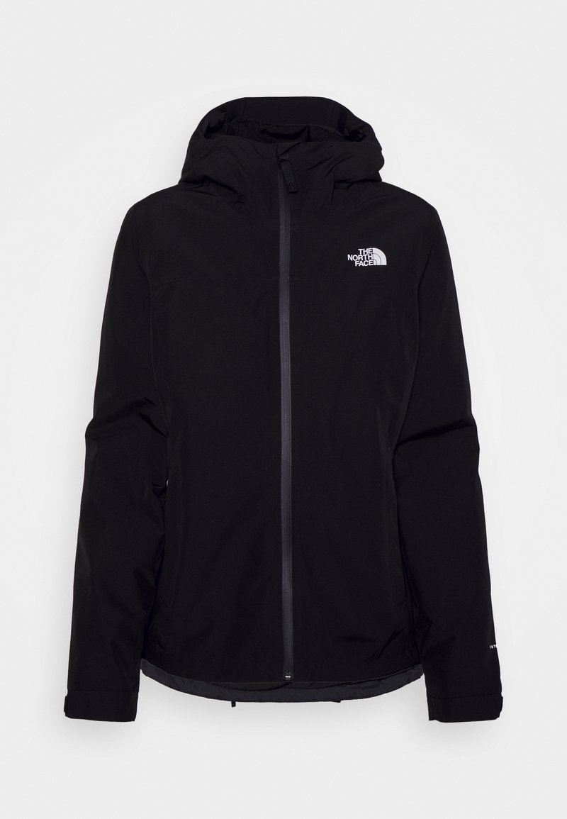 Svart vattentät jacka med huva, full frontdragkedja och elastiska ärmslut; har logotypen på vänster bröst. Slät textur.