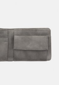 Gray leather wallet with a textured finish, featuring multiple card slots and a flap pocket. Edges are stitched for durability.