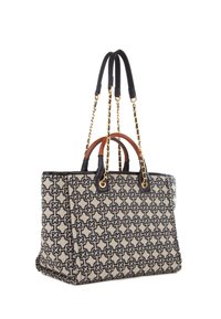 Borsa a spalla in tessuto intrecciato con un motivo geometrico. Schema di colori nero e beige, con dettagli in pelle e manici a catena.