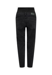 Melni džinsa bikses ar augstu elastīgu jostu, kurās ir divas kabatas aizmugurē un zaļš tags uz jostas. Šauras piegriezuma ar sašaurinātu kāju.