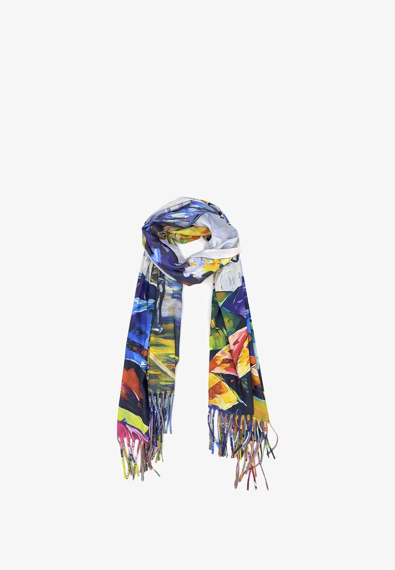 Sciarpa multicolore realizzata in tessuto leggero, con motivi floreali e bordi frangiati in vivaci tonalità di blu, arancione e giallo.