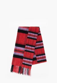 Punane ruuduline sall, valmistatud villast, mustade ja lavendlivärvi triipudega, friteeritud otstega ja pehme tekstuuriga.