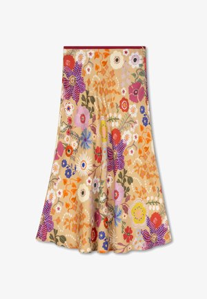 Bloemenrok met een beige basis en veelkleurige bloemen in paars, rood, roze en geel, die uit de taille uitloopt. Gladde textuur.