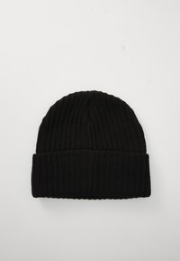 Black ribbed knit beanie with a folded cuff, featuring a soft texture and a seamless design. Suitable for casual wear in cold weather.