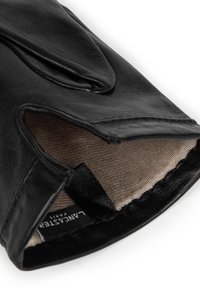 Black leather glove with knit lining, open finger design, and textured surface. Includes a label marked "LANCASTER PARIS" inside.