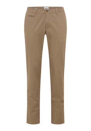 Pantaloni chino beige da uomo a taglio slim, con bottone frontale, chiusura a zip, passanti per cintura e dettagli sottili sulle tasche frontali, mostrati su sfondo bianco.