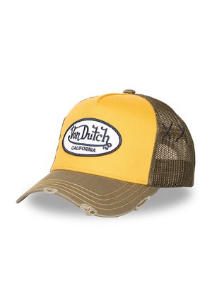 Gorra trucker Von Dutch California amarilla y marrón con parte trasera de malla y detalle desgastado en la visera.