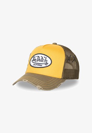 Casquette trucker Von Dutch California jaune et marron avec dos en mesh et visière effet usé.
