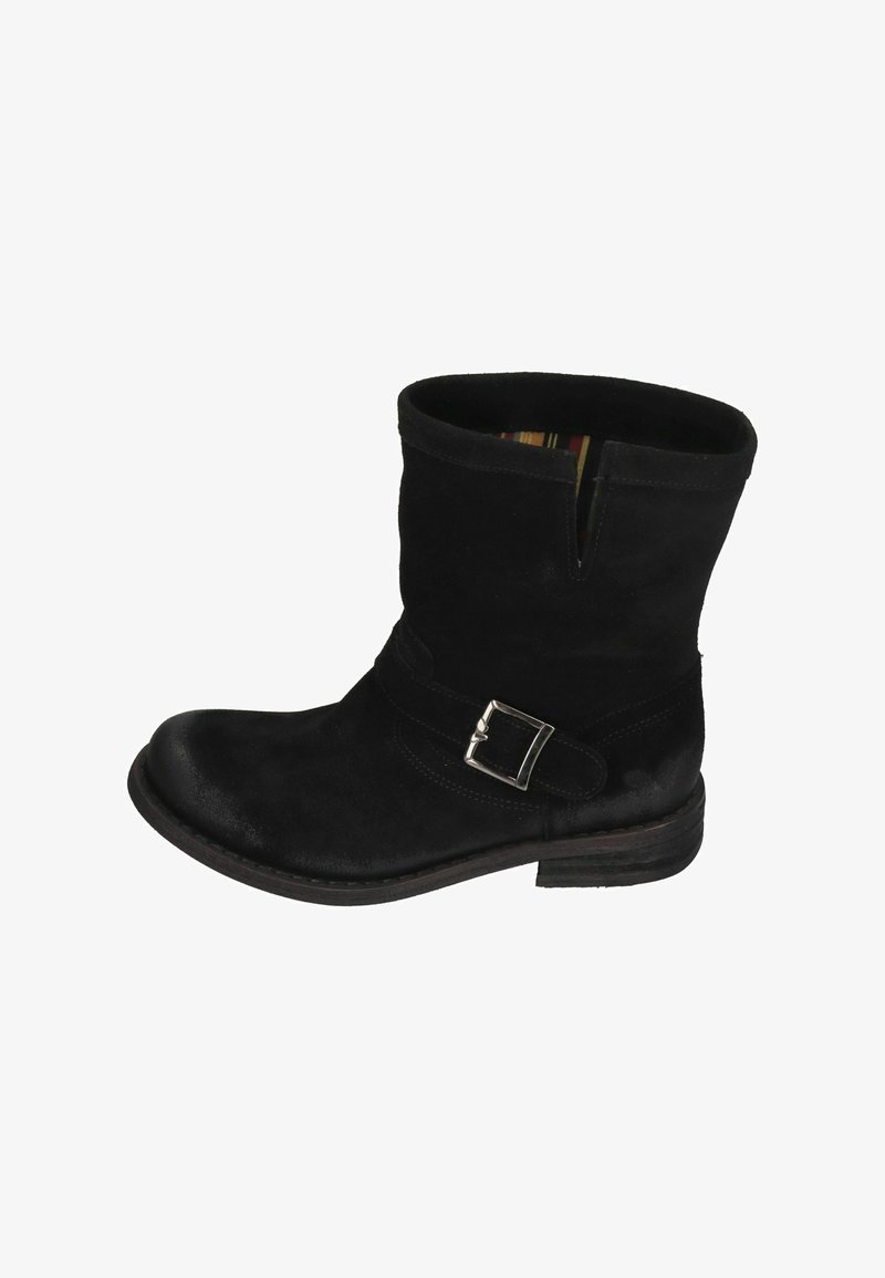 Black suede ankle boot with side buckle detail and low stacked heel, featuring a short shaft and slight front slit.