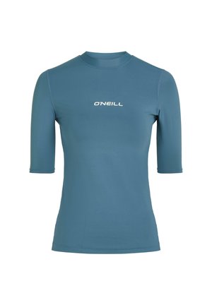 Rash guard s krátkym rukávom z modrého materiálu s hladkou textúrou, so bielym logom O'Neill na hrudi a priliehavým strihom.